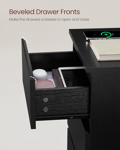 VASAGLE Nightstand with Charging Station, 3 Drawers | Bedside Table, 2 AC Outlets, 2 USB Ports, 15.8 x 13.8 x 23.2 Inches, Ebony Black, KAILYN Collection ULET631B58 - color: Ebony Black, size: 1 PACK, style: 3 Drawer