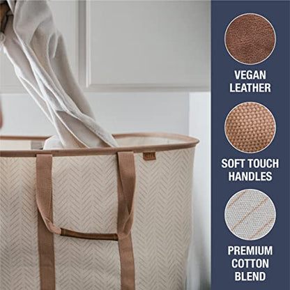 CleverMade Collapsible Laundry Tote LUXE, 50L Carry-All Tote, 2 Pack, Mocha | Bring a Polished Look to Laundry Day | Cotton-Blend Fabric and Vegan Leather Pair with Long Handles and 55 lb Support - color: LUXE Mocha