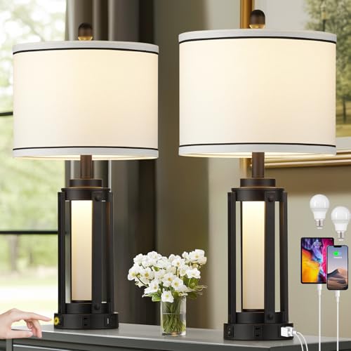 Industrial Table Lamps Set of 2, Modern Beside Lamp with USB A+C Charging Ports & AC Outlet, Rustic Nightstand Lamp with LED Night Light for Living Room Bedroom End Table Entryway Black Bulbs Included - color: Black-4