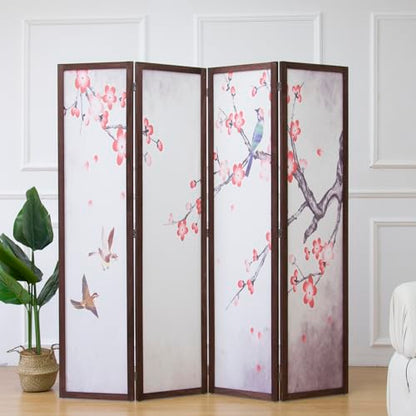4 Panel Fabric Room Divider with Pattern, 5.6 ft Tall Folding Privacy Screen for Room Separation, Premium Thickened Wood Frame Freestanding Partition Wall, Red Plum (67" H x 63" W) - color: Red Plum