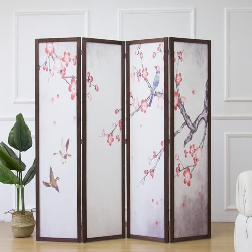 4 Panel Fabric Room Divider with Pattern, 5.6 ft Tall Folding Privacy Screen for Room Separation, Premium Thickened Wood Frame Freestanding Partition Wall, Red Plum (67" H x 63" W) - color: Red Plum
