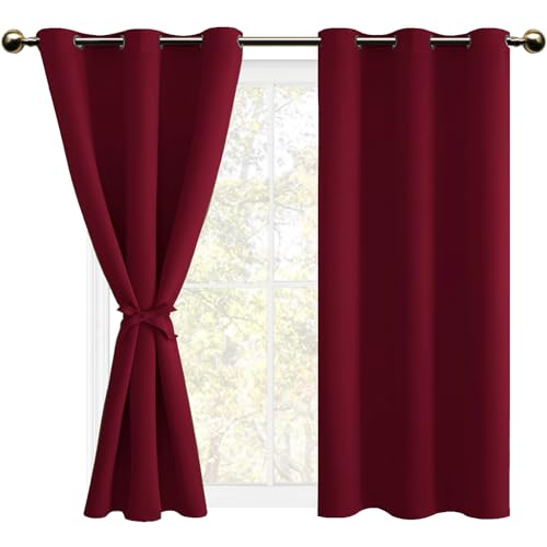 DWCN Blackout Curtains with Tiebacks - Christmas Thermal Insulated Privacy Protection Grommet Window Curtains for Living Room Bedroom, 38 x 45 inch Length, Burgundy, Set of 2 Panels - color: Burgundy, size: 38"W x 45"L (Pack of 2)