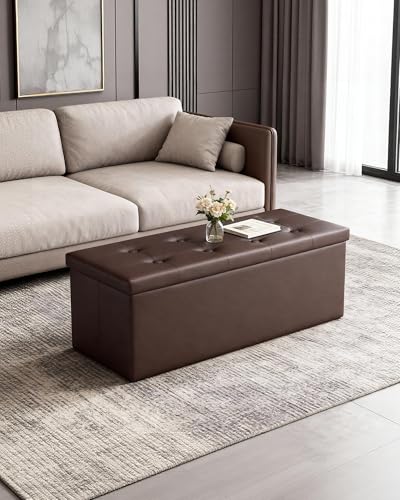 LITZFUR 43" Storage Ottoman Bench, Folding Faux Leather Chest, Brown | Stroage Box with 2 Dividers, Foot Rest Stool, Padded Seat for Bedroom, Entryway, Living Room