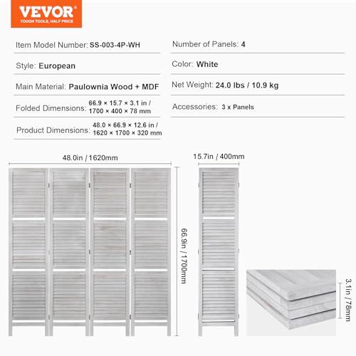 VEVOR Wood Room Divider, 4 Panel Wood Folding Privacy Screen, 66.9 Inches Tall Indoor Louvered Partition Divider, Portable Decoration Screen, for Room Separation, Home, Office, Restaurant & Bedroom