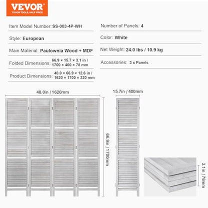 VEVOR Wood Room Divider, 4 Panel Wood Folding Privacy Screen, 66.9 Inches Tall Indoor Louvered Partition Divider, Portable Decoration Screen, for Room Separation, Home, Office, Restaurant & Bedroom