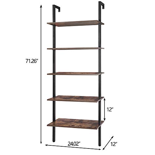ZenStyle 5-Shelf Wood Ladder Bookcase, Industrial Wall Mount Ladder Bookshelf with Black Metal Frame, Vintage Brown/Black
