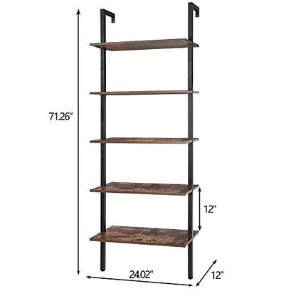 ZenStyle 5-Shelf Wood Ladder Bookcase, Industrial Wall Mount Ladder Bookshelf with Black Metal Frame, Vintage Brown/Black