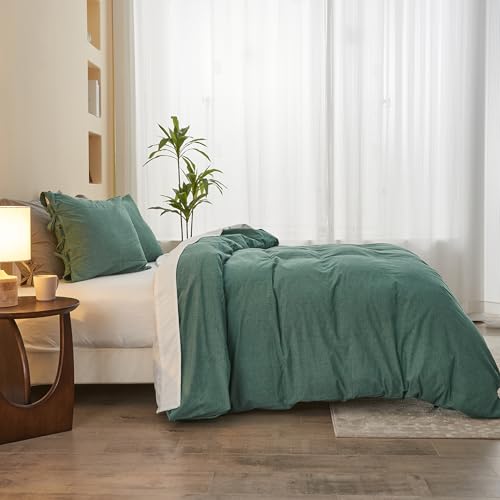 BISELINA 100% Washed Cotton Duvet Cover Set 3pcs with Bowknot Ties Strap Solid Color Linen Like Textured Durable Breathable Soft Comfy Chic Bedding (King, Dark Green) - color: Dark Green, size: King