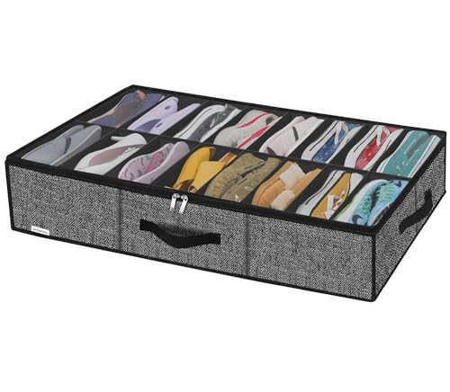 Onlyeasy Sturdy Under Bed Shoe Storage Organizer Fit 8 to 16 Pairs, Collapsible Closet Underbed Shoes Container Bags with Reinforced Handles, 37.7x23.6x5.9in, Linen-like Black, MXAUBS16P1 - color: Linen-like Black 1 Shoes (16 Cells)