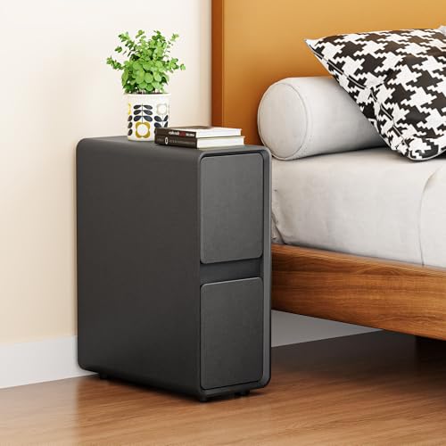 7.8" W Faux Leather Narrow Nightstand, Modern Fully-Assembled Bedside Table with 2 Drawers, Wood Night Stand Small Accent End Table & Side Table for Bedroom, Black - color: Black, size: 8in