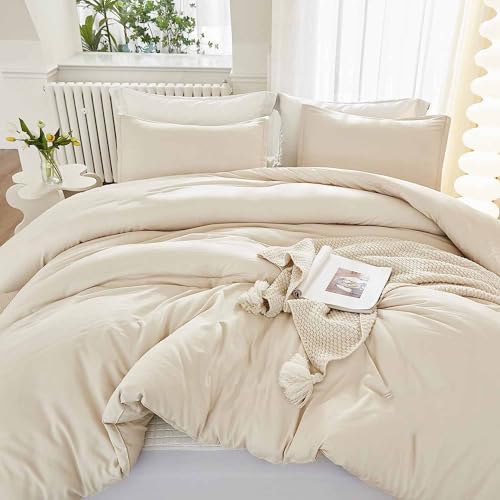 Nanko Beige Duvet Cover Set Queen Size, 3 Pcs - Luxury Soft Microfiber Down Comforter Bedding Cover with Zip, Ties - Neutral Solid Color Modern Style Bed Sets for Women and Men, 90 x 90 inch Cream - color: Beige, size: Queen
