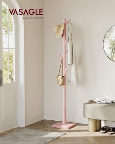 VASAGLE Solid Wood Coat Rack, Free Standing Hall Coat Tree with 8 Hooks, 3 Height Options, for Coats, Hats, Bags, Purses, for Entryway, Hallway, Rubberwood Hooks and Pole, Jelly Pink URCR010R01 - color: Jelly Pink, style: Square Base + Cylindrical Hooks