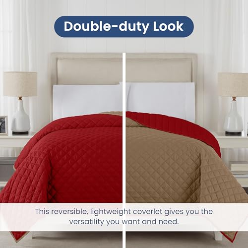 Martex Reversible Coverlet – Full Queen Size Quilt - Lightweight Full Size Bedding– Durable Queen Size Quilts for Bed – Soft - Easy Care Bedding – Khaki/Red - color: Khaki/Red, size: Full/Queen