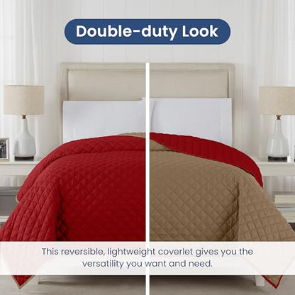 Martex Reversible Coverlet – Full Queen Size Quilt - Lightweight Full Size Bedding– Durable Queen Size Quilts for Bed – Soft - Easy Care Bedding – Khaki/Red - color: Khaki/Red, size: Full/Queen