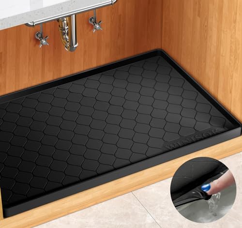 Winisok 방수 언더 싱크 매트 86.4cm x 55.9cm(34인치 x 22인치), 실리콘 매트, 블랙 | 돌출된 가장자리로 흘리거나 새는 것을 가두어 줍니다. 선반 라이너, 캐비닛 프로텍터, 주방, 욕실, 부츠, 애완동물, 가정 필수품용 - color: 블랙., size: 22"W x 34"L