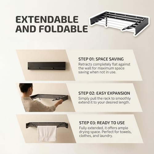 HILLHOUSE Wall Mounted Clothes Drying Rack, Space Saving Foldable Laundry Drying Rack with Stainless Steel Rods, Heavy Duty Retractable Towel Rack for Indoor Bathroom & Laundry Room Organization