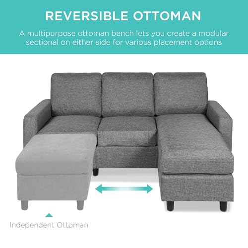 Best Choice Products Upholstered Sectional Sofa for Home, Apartment, Dorm, Bonus Room, Compact Spaces w/Chaise Lounge, 3-Seat, L-Shape Design, Reversible Ottoman Bench, 680lb Capacity - Gray - color: Linen - Gray