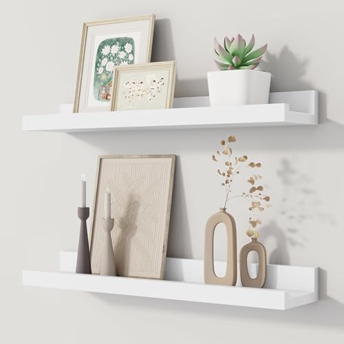 Floating Picture Ledge Shelves Set of 2, 16 Inch Solid Wood Wall Shelves with Lip, Large Nursery Book Shelf for Toys Storage, Kids Bookshelf, Living Room, Bedroom Decor Frames, White Color - color: White, size: 16in
