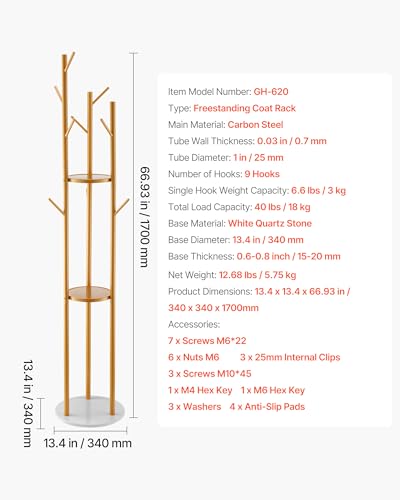 VEVOR Coat Rack, Freestanding Coat Rack Stand with Quartz Stone Base & 9 Hooks, Free Standing Hall Coat Tree for Entryway, Bedroom, Office, Living Room, Modern Clothes Hanger for Coat, Hat, Scarf, Bag - style: with Storage Board