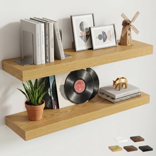 8 inch Deep Floating Shelves for Wall, 32" Wide, Oak Finish, 2-Pack | Engineered Wood Wall Shelves with Invisible Brackets for Living Room, Bedroom, Bathroom, Office & Kitchen Storage - color: Oak Finish, size: 32"W x 8"D, 2p