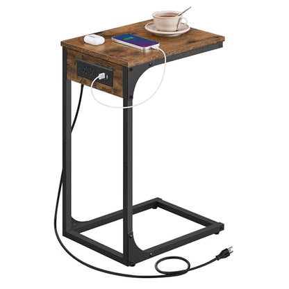VASAGLE C-Shaped Side Table with Charging Station, 2 USB Ports and Outlets | End Table, C Table for Couch, Sofa, Adjustable Feet, for Bedroom, Living Room, Rustic Brown, BARNET Collection ULET362K01 - color: Rustic Brown + Ink Black