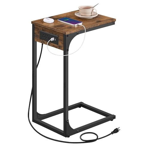 VASAGLE C-Shaped Side Table with Charging Station, 2 USB Ports and Outlets | End Table, C Table for Couch, Sofa, Adjustable Feet, for Bedroom, Living Room, Rustic Brown, BARNET Collection ULET362K01 - color: Rustic Brown + Ink Black