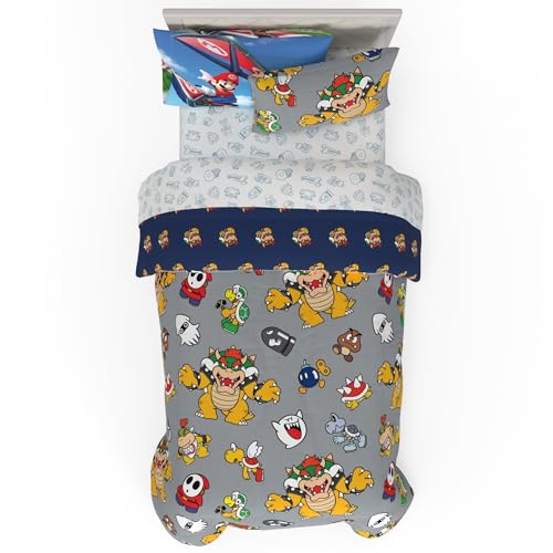 Nintendo Super Mario Bowser Bedding Set, Twin Size 5 Piece Set Kids Super Soft Cozy Reversible Comforter and Sheet Set with Sham, (100% Officially Licensed Product) by Franco - color: Super Mario Bowser Crew, size: Twin
