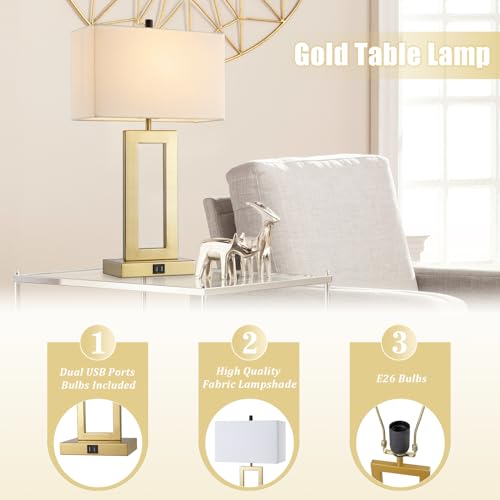 gernehop Gold Table Lamps Set of 2 with Dual USB Ports,3-Way Dimmable Touch Control Bedside Lamps,22inch Tall Modern Bedroom Table Lamp for Living Room,Nightstand LED Bulbs Included - color: 22Inch Whie&Gold