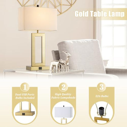 gernehop Gold Table Lamps Set of 2 with Dual USB Ports,3-Way Dimmable Touch Control Bedside Lamps,22inch Tall Modern Bedroom Table Lamp for Living Room,Nightstand LED Bulbs Included - color: 22Inch Whie&Gold