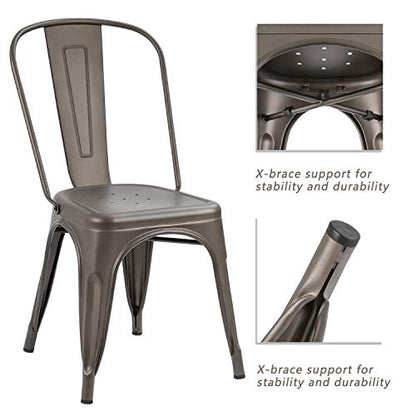 Devoko Metal Indoor-Outdoor Chairs Distressed Style Kitchen Dining Chairs Stackable Side Chair with Back Set of 4 (Gun) - color: Gun