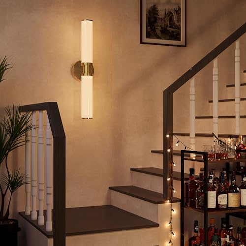 Rayogale Gold Wireless Battery Operated Wall Sconces with Remote Control | White Glass Rechargeable Wall Lights Set of 2 with Timer Function Dimmable for Living Room Bedroom Emergency 3000K, 20.5 Inch - color: Gold(White Lampshades)