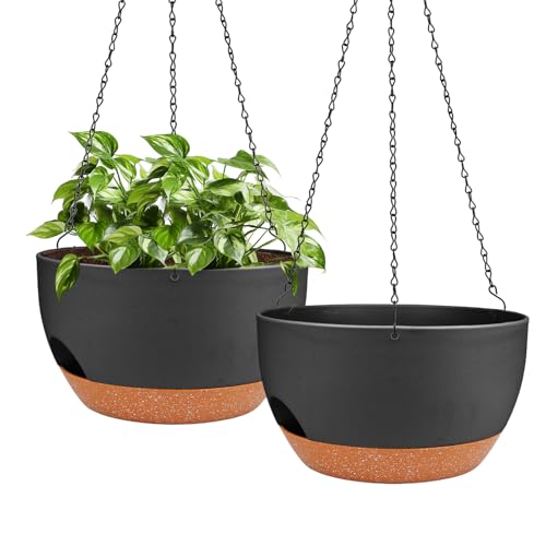 12 Inch Self Watering Hanging Planters with Removable Reservoir, 2 Pack | Drainage Holes, Metal Chain, for Indoor/Outdoor Plants, Patio,Balcony & Garden - color: Black, size: 12 Inch