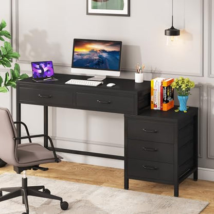 Tribesigns Computer Desk with 5 Drawers, Reversible Home Office Desks | Small Desk with Drawer Cabinet Printer Stand, PC Desk with Storage, Black Study Writing Table Workstation for Small Spaces - color: Black