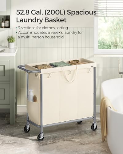 SONGMICS Laundry Basket with Wheels, 3-Section Rolling Laundry Hamper, 52.8 Gallons (200 L), Removable Liner, Steel Frame with Handle, 35.8 x 15.4 x 31.9 Inches, Cream White URLS005W01 - color: Cream White, size: 200 L (3-Section)