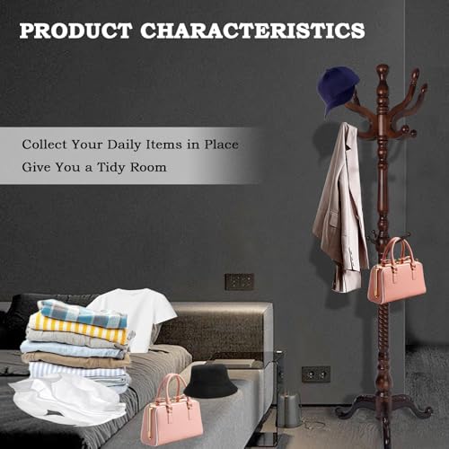 Coat Racks FreeStanding with 11 Hooks, Natural Wood Coat Rack with Tri-Legged Base, Adjustable Height Coat Racks, Easy Assembly for Hallway, Bedroom and Office (Walnut-Tri-Legged Base) - color: Walnut-Tri-Legged Base