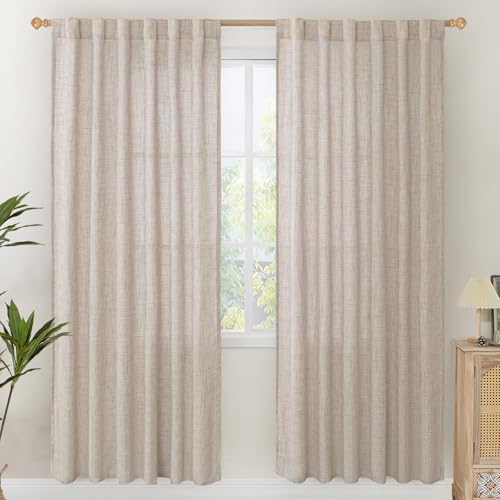 YoungsTex Linen Semi Sheer Curtains 78 Inch Length for Living Room | Light Filtering Window Drapes Rod Pocket Back Tab Natural Privacy for Dining Bedroom, 2 Panels, 52 X 78 Inch - color: Natural, size: 52"W x 78"L (Pack of 2)
