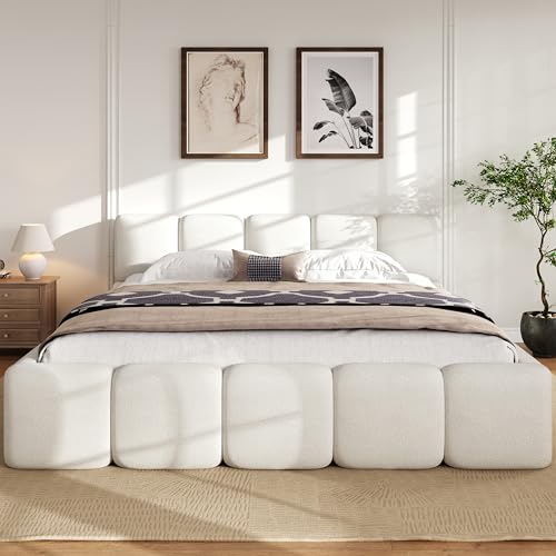 California King Boucle Bed with Headboard, White | Upholstered Ground Bed with Thick Headboard and Footboard, Block Style, Sturdy Platform, No Box Spring Needed - color: White, size: California King