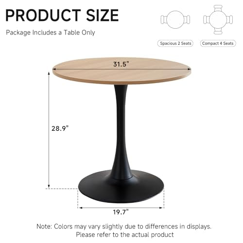 31.5" Small Round Dining Table for 2, [Sturdy Metal Tulip Base] Modern Circle Kitchen Table, for Dining Room Apartment Office Space Saving - color: Natural With Black Base, size: 31.5"