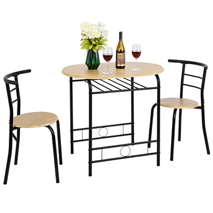 VINGLI 3 Piece Dining Set,Small Kitchen Table Set for 2,Breakfast Table Set for 2,Kitchen Wooden Table and 2 Chairs for Small Space/Dining Room/Apartment,Metal Frame,Wine Rack,Black&Natural - color: Black&natural