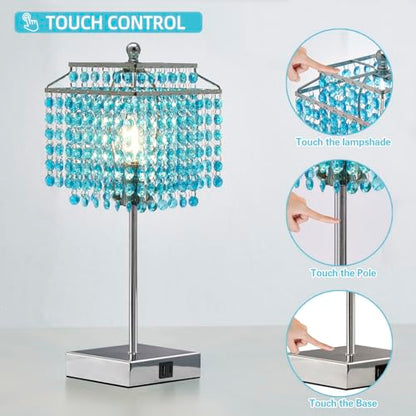 Luvkczc Crystal Table Lamp with Touch Control, Bedside Crystal Table Lamp with USB C+A Ports, Dimmable Lamp for Girls Bedroom, Living Room, Light Blue & B11 LED Bulb Included - color: Light Blue