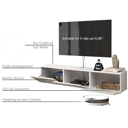 Atelier Mobili White Floating TV Console, Wall Mounted TV Stand for Up to 75 Inch TV, Floating Entertainment Center with Shelf - color: Pure White