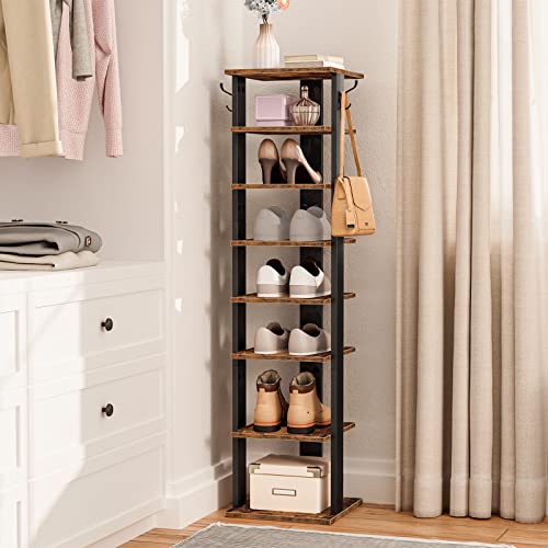 HOOBRO 8 Tiers Vertical Shoe Rack, Wooden Shoe Storage Organizer with Hooks, Narrow Shoe Tower for 8 Pairs, Space Saving, for Entryway, Living Room, Bedroom, Rustic Brown BF07XJ01G1 - color: Rustic Brown, size: 8 Tier (11"W)