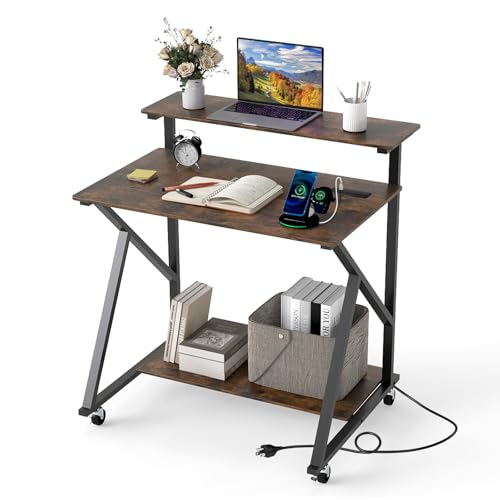 Giantex Rolling Small Desk with Storage, Compact Computer Desk for Small Spaces with Charging Station, Monitor Stand, Lockable Wheels, Study Writing Desk for Home Office, Bedroom (Rustic Brown) - color: Rustic Brown, size: 25"D x 32"W