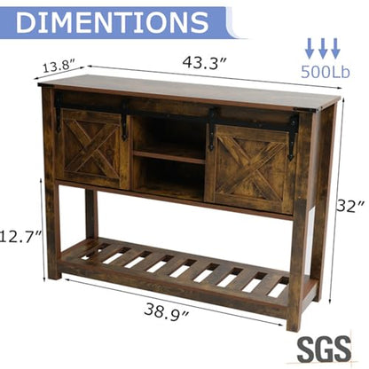 Farmhouse Entryway Table with Sliding Barn Doors, Wood Console Table with Storage Shelf, Rustic Sofa Table for Living Room, Entryway, Foyer, Brown - color: Brown