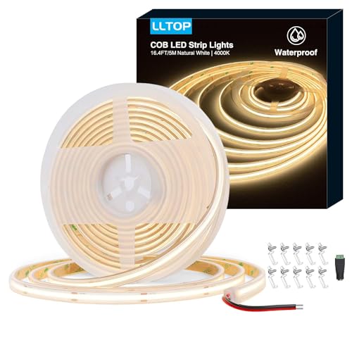 LLTOP COB LED Strip Lights Waterproof IP67 24VDC Natural White 4000K 16.4FT | CRI 92Ra+, Outdoor LED Tape Lighting, DIY Cuttable, For Bedroom Kitchen Cabinet Shelf (Power Supply Not Included) - color: Natural White 4000K (power supply not included)