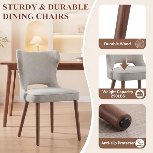 Wooden Dining Chairs Set of 2, Mid Century Dining Room Chairs with Solid Wood Legs, Upholstered Fabric Kitchen Chairs with Ergonomic Curved Backrest for Kitchen Dining Room, Camel - color: Camel, size: Set of 2