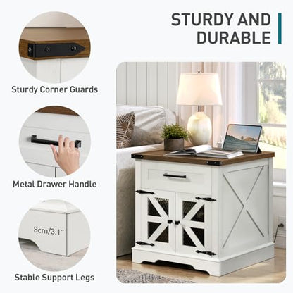 White Farmhouse End Table with Charging Station, 24" Large Sofa Side Table with Drawer, Large End Table for Living Room, Wooden Nightstand with Outlet, Square, White and Walnut - color: White and Walnut
