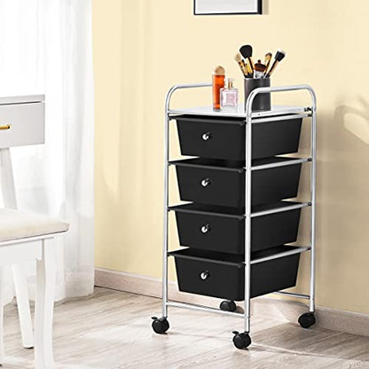 Yaheetech 4-Drawer Rolling Storage Cart with Wheels, Slim Organizer, Black | Four drawers plus a top shelf organize craft to bath gear; slim chrome-steel frame, plastic bins, locking wheels, easy setup. - color: Black, style: 4 Drawers