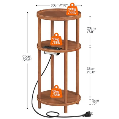 HOOBRO Small Round Side Table with Charging Station, 3-Tier Round Bamboo End Table, Compact Sofa Bedside Table for Small Space, Easy Assembly, for Living Room, Bedroom, Apartment, Walnut WL152UBZ01 - color: Walnut