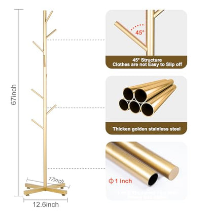 ZOZOE Coat Rack with 8 Hooks, Golden Adjustable Coat Rack Stand | Heavy Duty Coat Rack Freestand,Modern Coat Stand,Metal Clothes Tree Stand for Coats Bags Hats in Hallway Entryway - color: Golden